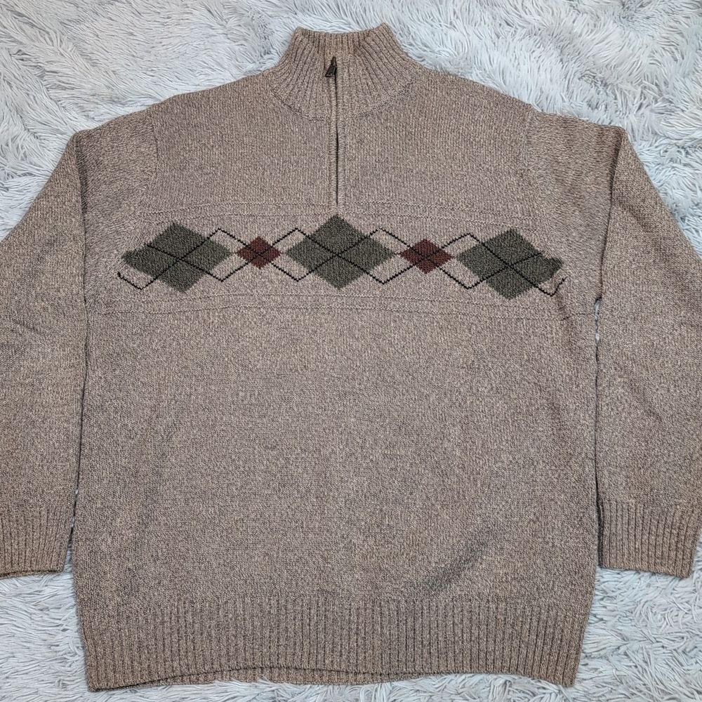 Geoffrey Beene Sweater Mens L Biege Preppy Comfort Casual Quarter Zip Preppy
